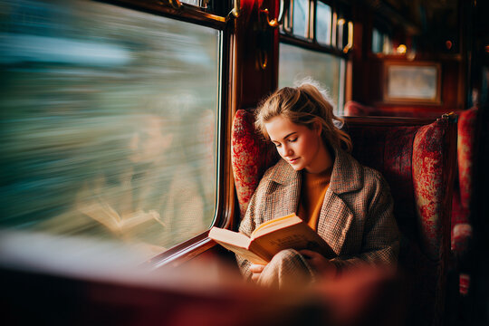 Woman enjoys reading a book on a retro train as motion blur captures the passing scenery