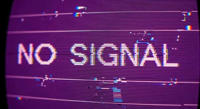 Purple screen displaying the words no signal with digital glitch effects and horizontal lines pattern