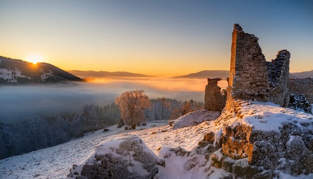 sunrise in the mountains near the ruin of a castle