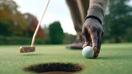 A man is putting a golf ball into a hole