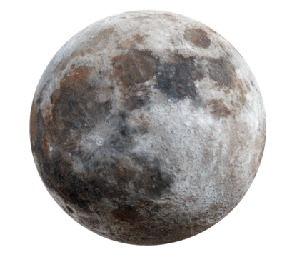 Detailed moon with craters, grays, browns, whites. Isolated
