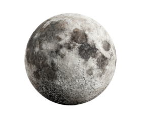 Full moon grey sphere with craters and textured surface on black void