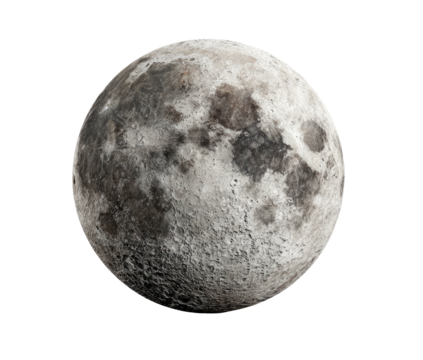 Full moon grey sphere with craters and textured surface on black void