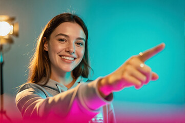 A smiling young woman in a gray hoodie pointing forward with her index finger, illuminated by vibrant pink and blue studio lighting against a gradient backdrop.
