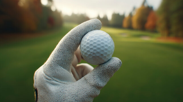 A person is holding a golf ball in their gloved hand