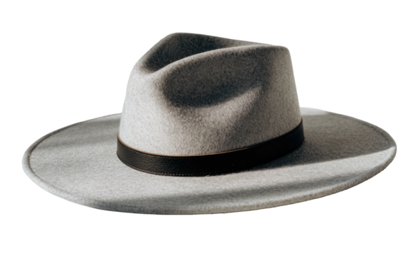 Grey felt fedora with black band, softly lit on a dark background - Powered by Adobe