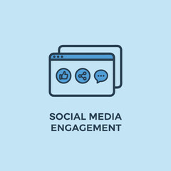 Vector icon of a shared screen with multiple app logos (like, share, comment), representing 'Social Media Engagement'. Bold outlines.
