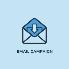 Fototapeta premium Vector icon of an open envelope with an arrow pointing into it, representing 'Email Campaign'. Smooth, rounded corners.
