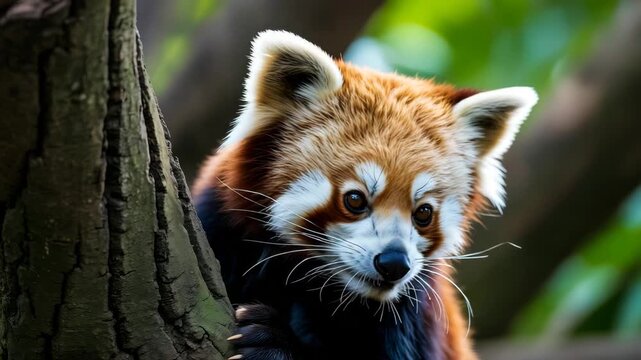 A captivating red panda peers curiously from behind a tree, its reddishbrown fur and endearing expression creating a charming and unforgettable wildlife moment