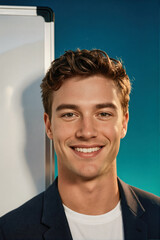 A smiling young man in a dark blazer and white t-shirt standing in front of a whiteboard against a blue background.