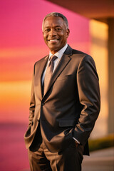 A professional portrait of a smiling African American man in a dark suit and tie, standing against a vibrant pink and orange sunset backdrop.
