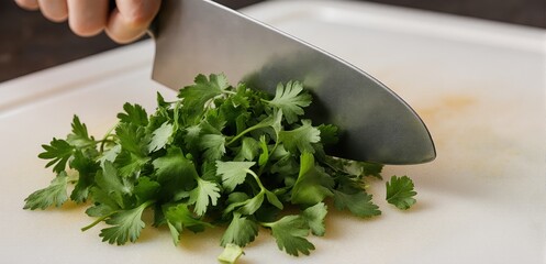 Close-up of a knife finely chopping fresh coriander on a clean cutting board