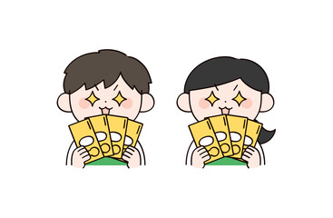 お金を持ったスーパーの店員イメージの男女イラスト