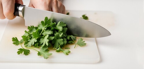 Close-up of a knife finely chopping fresh coriander on a clean cutting board