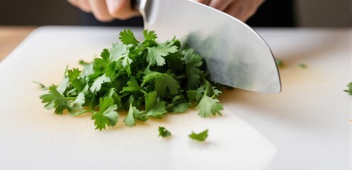Close-up of a knife finely chopping fresh coriander on a clean cutting board