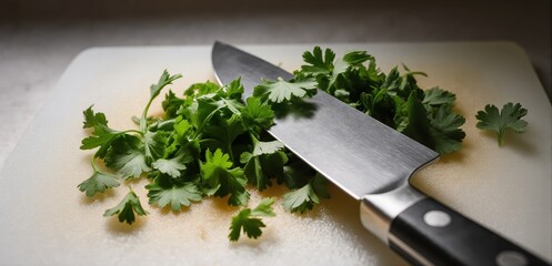 Close-up of a knife finely chopping fresh coriander on a clean cutting board