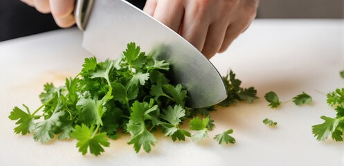 Close-up of a knife finely chopping fresh coriander on a clean cutting board