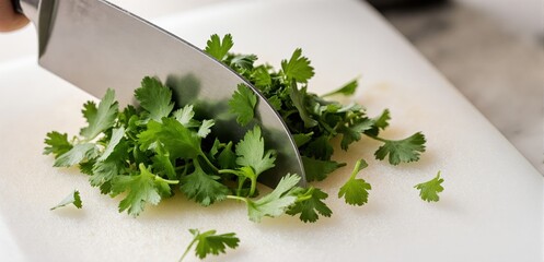 Close-up of a knife finely chopping fresh coriander on a clean cutting board