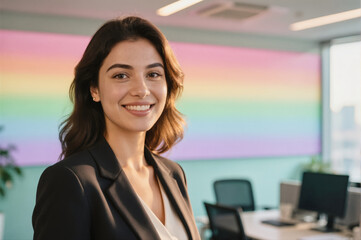 A smiling young woman in a black blazer standing in an office with a colorful rainbow gradient wall, captured as a professional portrait.