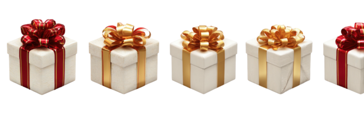Gifts Several white gift boxes with red and gold ribbons and bows