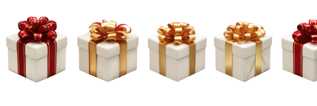 Gifts Several white gift boxes with red and gold ribbons and bows