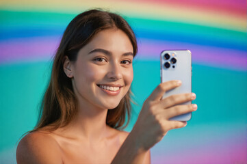 A smiling young woman holding a smartphone in front of a vibrant, colorful gradient background.