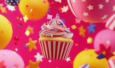 Celebratory cupcake with colorful icing and confetti on fuchsia backdrop