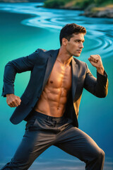 A muscular man in a black suit with an open jacket, standing shirtless by a turquoise river, posing confidently with fists clenched.