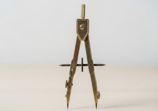 Precision drafting compass tool made of brass sits upright on a light wooden surface against a white background.