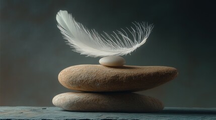 Delicate Feather Balanced on Stacked Zen Stones
