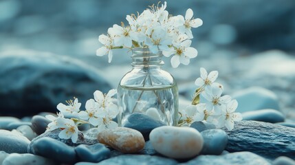 Delicate White Flowers in Glass Vase on Smooth Stones