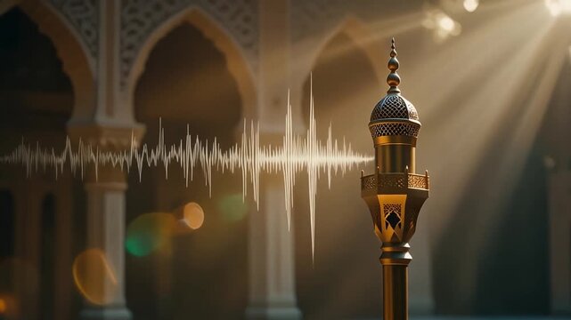 Minaret with sound wave overlay in a mosque interior with light rays.