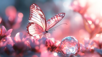 Delicate Pink Butterfly Perched on Flower with Crystal Orb
