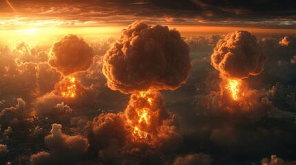 Multiple Nuclear Bomb Explosions Over Cityscape at Sunset