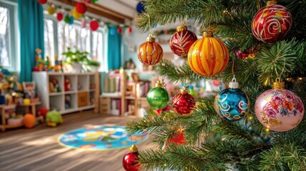Brightly Decorated Christmas Tree with Ornaments in Cozy Holiday Living Room Setting