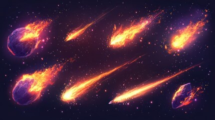 Fiery Meteors Streaking Through Starry Cosmic Night Sky