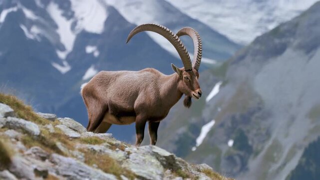 Wild ibex goat with large curved horns standing on rocky mountain slope. Alpine animal in natural mountainous habitat with snow peaks background