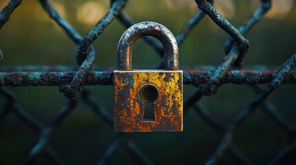 Rusty Padlock Securing Chain Link Fence