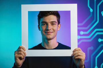 A young man holding a white frame in front of his face, smiling against a vibrant blue and purple circuit board-themed backdrop.