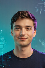 A young man with short dark hair and a friendly smile, wearing a black t-shirt against a futuristic blue digital circuit background.