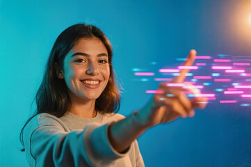 A smiling young woman interacting with glowing digital data streams in a futuristic setting, captured in a studio shot with vibrant blue and pink lighting.