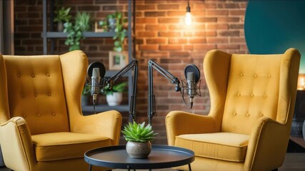 Podcast recording studio setup, inviting yellow armchairs and professional microphones ready for guests - Powered by Adobe