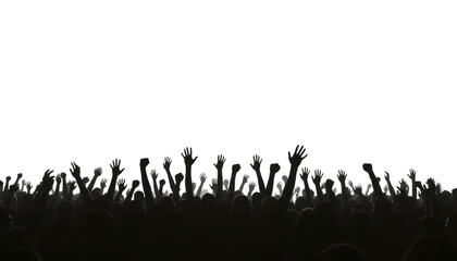 Silhouette of cheering crowd with raised hands, energetic and celebratory, isolated on transparent background

