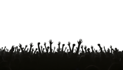 Silhouette of cheering crowd with raised hands, energetic and celebratory, isolated on transparent background

