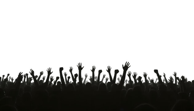 Silhouette of cheering crowd with raised hands, energetic and celebratory, isolated on transparent background

