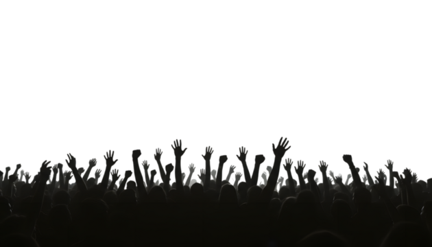 Silhouette of cheering crowd with raised hands, energetic and celebratory, isolated on transparent background

 - Powered by Adobe