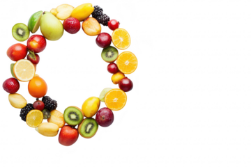 A arrangement of assorted fruits including apples. oranges. lemons. and kiwis. artistically displayed in a circular pattern on a clean white background. ideal for healthy lifestyle concepts
