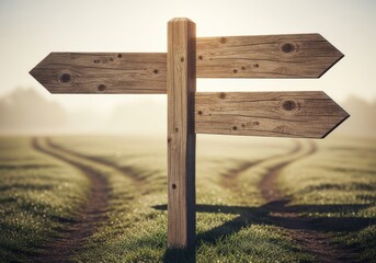Wooden directional signpost with branching paths disappearing into morning fog