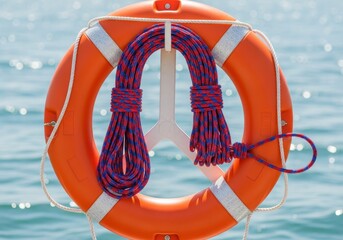Orange flotation device secured with rope hangs against bright blue water background