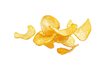 A dynamic display of crispy potato chips floating in mid-air against a clean white background. their texture and color. ideal for food advertising or culinary presentations